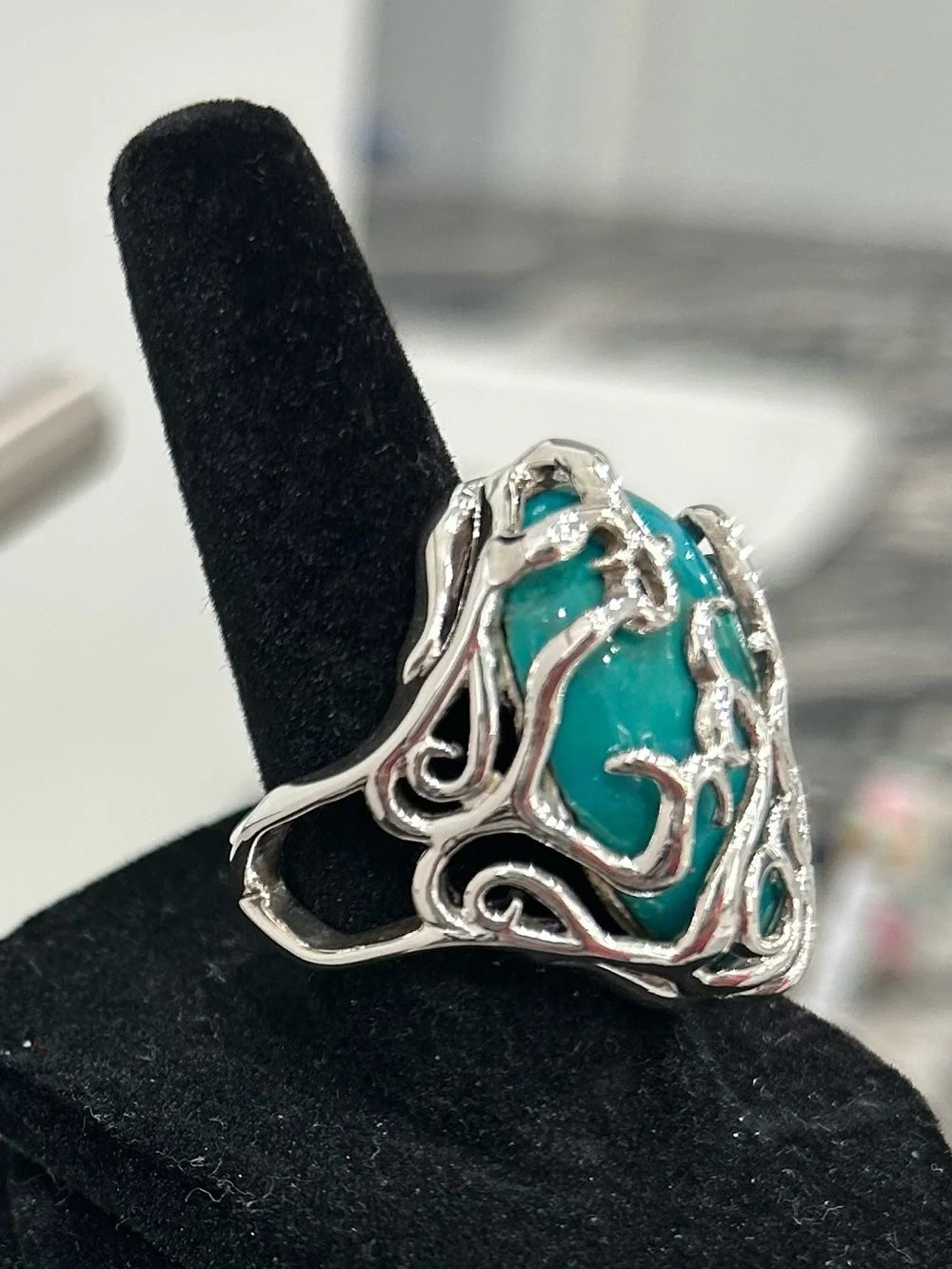 Barse Woman’s Turquoise Statement Ring with Sterling Silver Filigree
